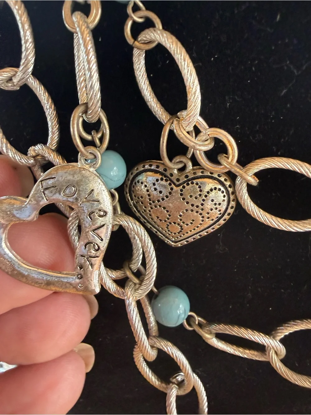 Gold-Tone Multi Strand Heart Charm Necklace with blue Beads